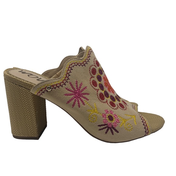 Sam Edelman Beige Boho Embroidered Floral Block Heel Mules Peep Toe “Olive” - Picture 8 of 15